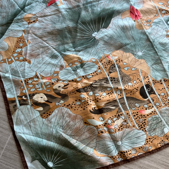 100% Silk Scarf Asian Lotus Duck Design 33x34.5” - Picture 2 of 10